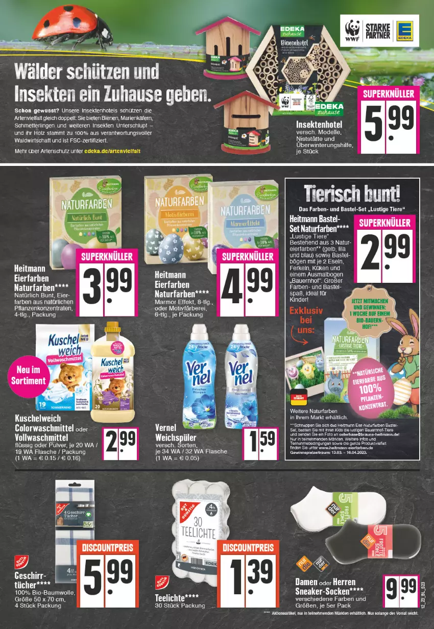 Aktueller Prospekt Edeka - Angebote der Woche - von 20.03 bis 25.03.2023 - strona 23 - produkty: auer, Bau, Bauer, braun, colorwaschmittel, dell, eier, elle, flasche, geschirr, heitmann, Holz, käfer, Kinder, Kuschelweich, LG, Lusti, Mett, Mode, natur, pflanze, pflanzen, Schmetterling, Schütze, sekt, sneaker, socken, tee, Ti, Tiere, tücher, vollwaschmittel, waschmittel, weichspüler