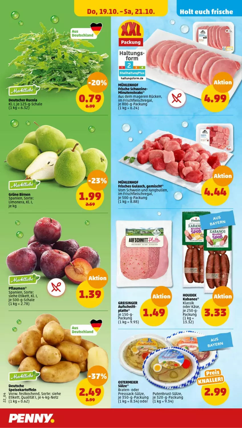 Aktueller Prospekt Penny - Prospekte - von 16.10 bis 21.10.2023 - strona 24 - produkty: aufschnitt, Birnen, braten, cola, eier, eis, fleisch, gulasch, houdek, jungbullen, kabanos, kartoffel, kartoffeln, Käse, limo, minutensteaks, pflaume, pflaumen, presssack, pute, putenbrust, regal, reis, rucola, sac, Schal, Schale, schwein, schweine, speisekartoffeln, steak, steaks, Ti, wein, weine