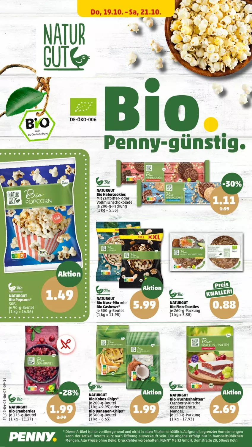 Aktueller Prospekt Penny - Prospekte - von 16.10 bis 21.10.2023 - strona 26 - produkty: asti, banane, bananen, beutel, bio, Cashew, chips, cookie, cookies, cranberries, cranberry, eis, frucht, Fruchtschnitte, hafer, Hafercookies, kirsch, kirsche, kokos, LG, mandel, milch, natur, nuss, reis, schnitten, schoko, schokolade, Ti, toast, vollmilch, ZTE