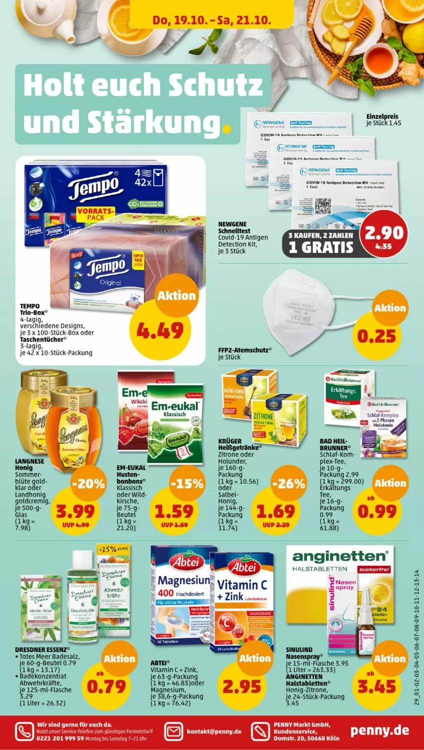 Aktueller Prospekt Penny - Prospekte - von 16.10 bis 21.10.2023 - strona 31 - produkty: Abtei, Bad, beutel, Blüte, bonbons, eis, Erkältungs, FFP2, flasche, getränk, getränke, gin, holunder, honig, kirsch, kirsche, krüger, langnese, magnesium, Nasenspray, reis, salz, Schnelltest, tablet, tablett, Tablette, Tasche, taschen, taschentücher, tee, telefon, Tempo, Ti, tücher, uhr, vita, Vitamin C, Wild, zitrone