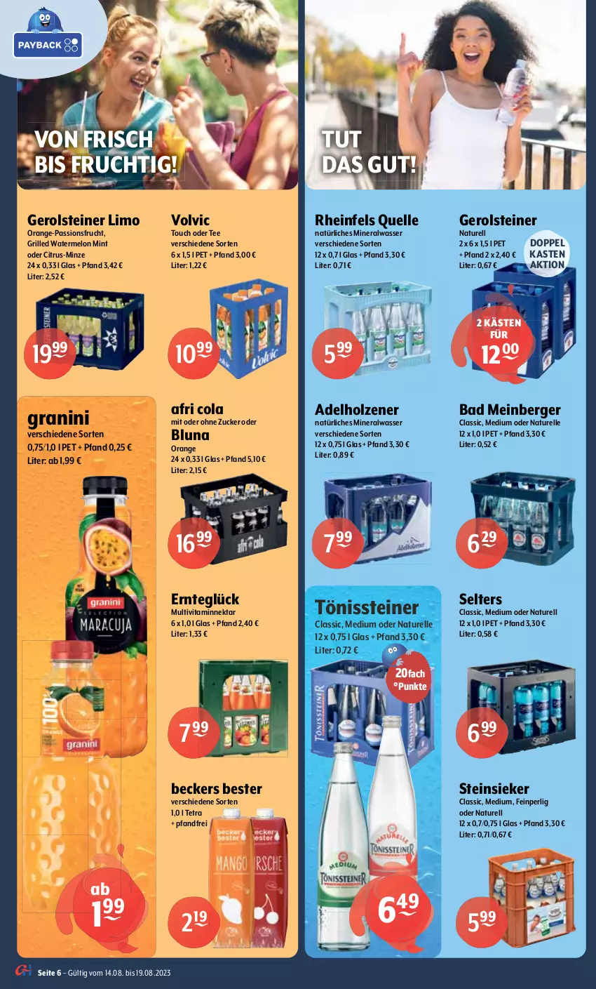 Aktueller Prospekt Getraenke Hoffmann - Prospekte - von 14.08 bis 19.08.2023 - strona 6 - produkty: ACC, adelholzener, Afri Cola, Alwa, Apple, auer, Bad, Beckers Bester, Berger, burgunder, citrus, classico, cola, dry gin, elle, frucht, gerolsteine, gerolsteiner, gin, granini, grill, Holz, jack daniel, Jack Daniel’s, Julischka, likör, limo, london dry, london dry gin, Malibu, mateus, mineralwasser, mint, minze, natur, natürliches mineralwasser, Nektar, orange, passionsfrucht, rel, rheinfels quelle, riesling, Selters, spätburgunder, steiner, Steinsieker, Tanqueray, tee, tennessee whiskey, Ti, vita, vodka, volvic, wasser, Weißburgunder, whiskey, zucker