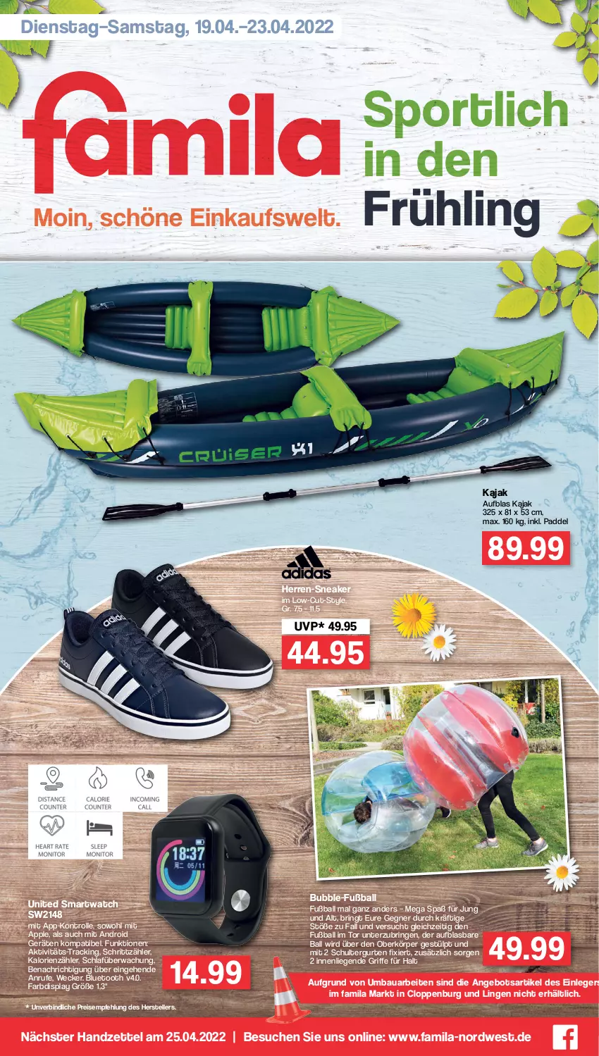 Aktueller Prospekt Famila - Prospekte - von 19.04 bis 23.04.2022 - strona 1 - produkty: angebot, Apple, ball, Bau, eis, elle, Fußball, herren-sneaker, Kajak, Liege, reis, ring, schultergurt, smartwatch, sneaker, Sport, teller, Ti, weck