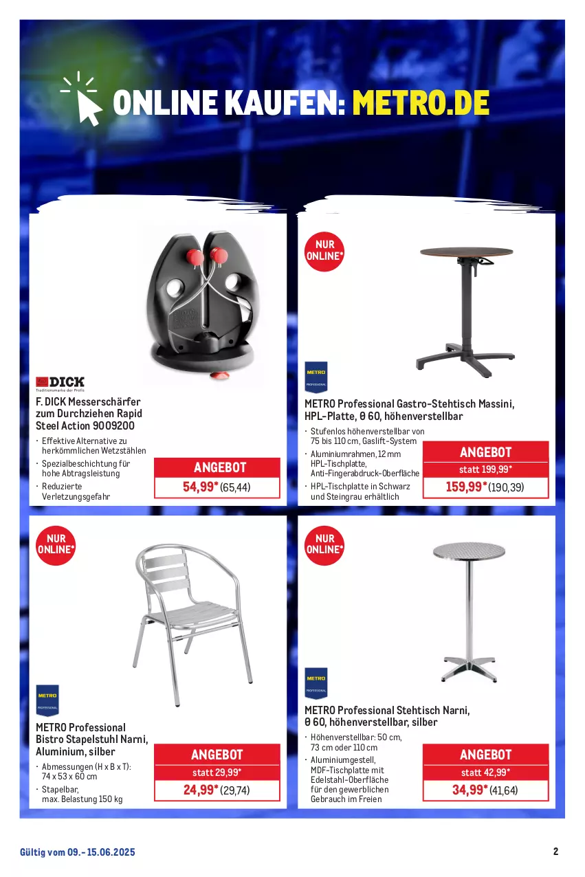 Aktueller Prospekt Metro - Online: Wochen-Angebote - von 09.06 bis 15.06.2025 - strona 2 - produkty: aluminiumgestell, angebot, edelstahl, eis, HP, latte, messer, Metro, Rauch, Spezi, stapelstuhl, stuhl, tee, Ti, tisch, tischplatte