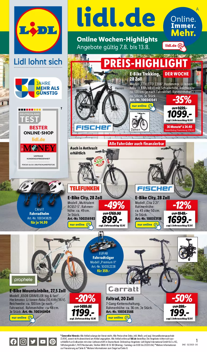 Aktueller Prospekt Lidl - Wochen-Highlights im Onlineshop - von 07.08 bis 13.08.2023 - strona 1 - produkty: akku, angebot, angebote, crivit, dell, E-Bike, eis, elle, eufab, Fahrrad, fahrradhelm, Kette, Mode, Mountainbike, ndk, reis, rel, rwe, Schal, Schale, telefon, Ti, uhr