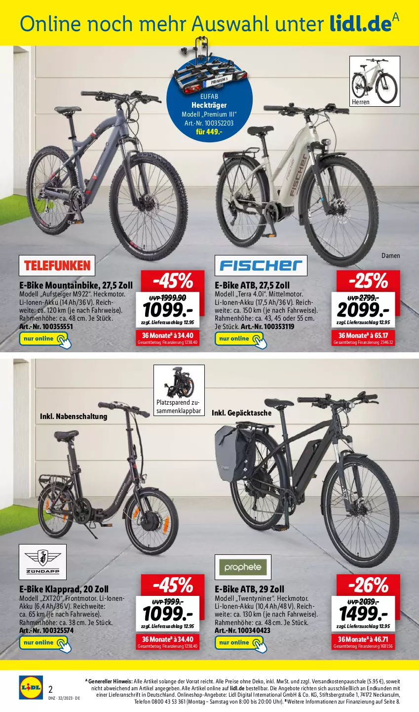 Aktueller Prospekt Lidl - Wochen-Highlights im Onlineshop - von 07.08 bis 13.08.2023 - strona 2 - produkty: akku, angebot, angebote, dell, E-Bike, eis, elle, eufab, Heckträger, Klapprad, Mode, Mountainbike, ndk, reis, rel, rwe, Schal, Schale, Tasche, telefon, Ti, uhr