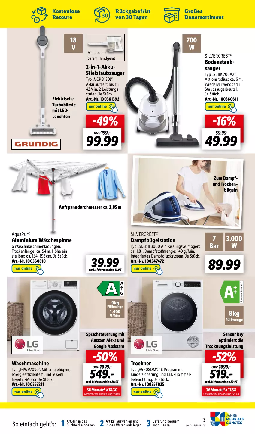 Aktueller Prospekt Lidl - Wochen-Highlights im Onlineshop - von 07.08 bis 13.08.2023 - strona 3 - produkty: akku, alexa, amazon alexa, aqua, AquaPur, auer, beleuchtung, beutel, bodenstaubsauger, bügel, Bügelstation, bürste, dampfbügelstation, eis, ente, Kinder, korb, Leuchte, leuchten, messer, rum, rwe, silvercrest, Spektrum, staubsauger, staubsaugerbeutel, Stielstaubsauger, Ti, Trockner, trommel, wäschespinne, waschmaschine, waschmaschinen