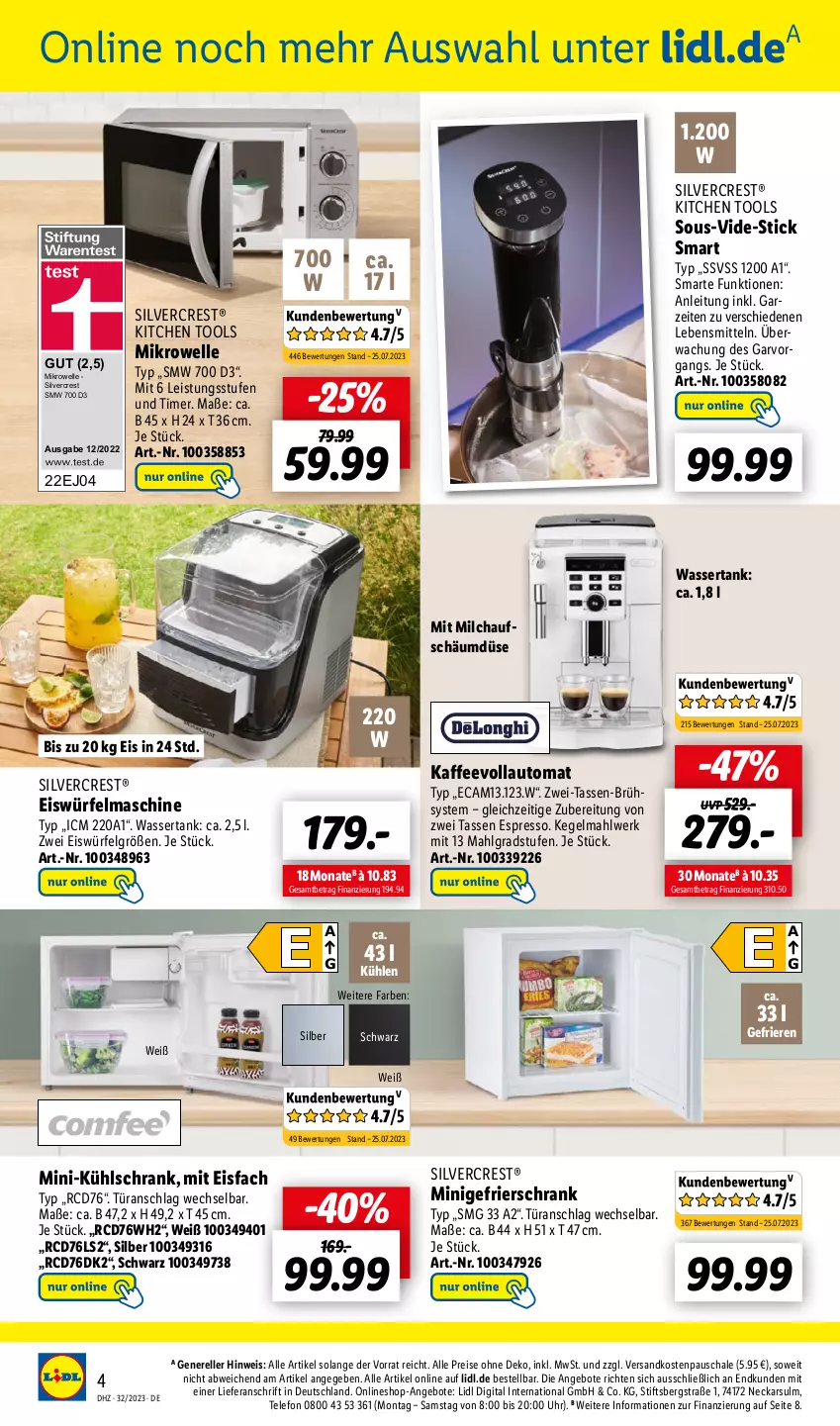 Aktueller Prospekt Lidl - Wochen-Highlights im Onlineshop - von 07.08 bis 13.08.2023 - strona 4 - produkty: angebot, angebote, auto, eis, eiswürfel, elle, espresso, gefrierschrank, K2, kaffee, kaffeevollautomat, kühlschrank, lebensmittel, LG, mikrowelle, milch, ndk, reis, rel, Schal, Schale, Schrank, silvercrest, Sous-Vide-Stick, tasse, telefon, Ti, timer, türanschlag wechselbar, uhr, wasser, wassertank, würfel