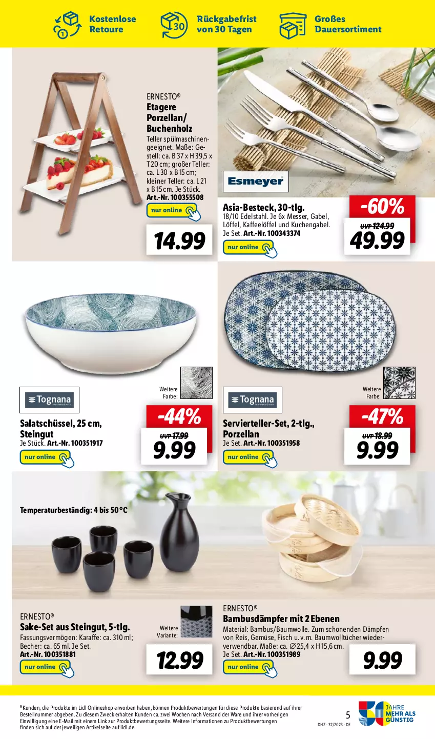 Aktueller Prospekt Lidl - Wochen-Highlights im Onlineshop - von 07.08 bis 13.08.2023 - strona 5 - produkty: auer, bambus, Bau, baumwolle, Becher, besteck, buch, edelstahl, eis, elle, ernesto, Etagere, fisch, gabel, Holz, kaffee, Karaffe, korb, kuchen, leine, LG, Löffel, messer, reis, Ria, rwe, salat, schüssel, spülmaschinen, teller, Ti, tücher, weck, wolle