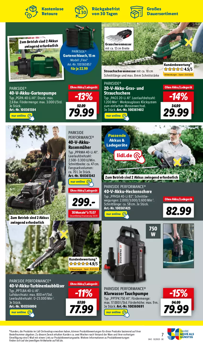 Aktueller Prospekt Lidl - Wochen-Highlights im Onlineshop - von 07.08 bis 13.08.2023 - strona 7 - produkty: akku, Akku-Gartenpumpe, akku-heckenschere, auer, Brei, dell, Garten, Gartenpumpe, gartenschlauch, Grasschere, heckenschere, HP, korb, ladegerät, messer, Mode, Parkside, rasen, rasenmäher, Rauch, rwe, sac, Schere, schlauch, Strauchschere, Ti, wasser, weck, werkzeug