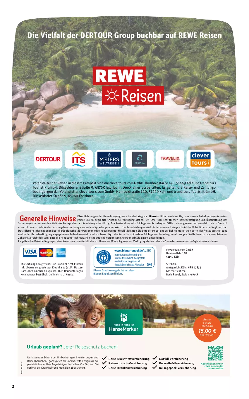 Aktueller Prospekt Rewe Reisen - Reiseprospekt - von 24.04 bis 29.05.2026 - strona 2 - produkty: buch, drucker, eis, elle, Engel, ente, erde, gin, kerze, LG, mastercard, natur, reis, rel, ring, Ti, trendtours touristik gmbh, ZTE
