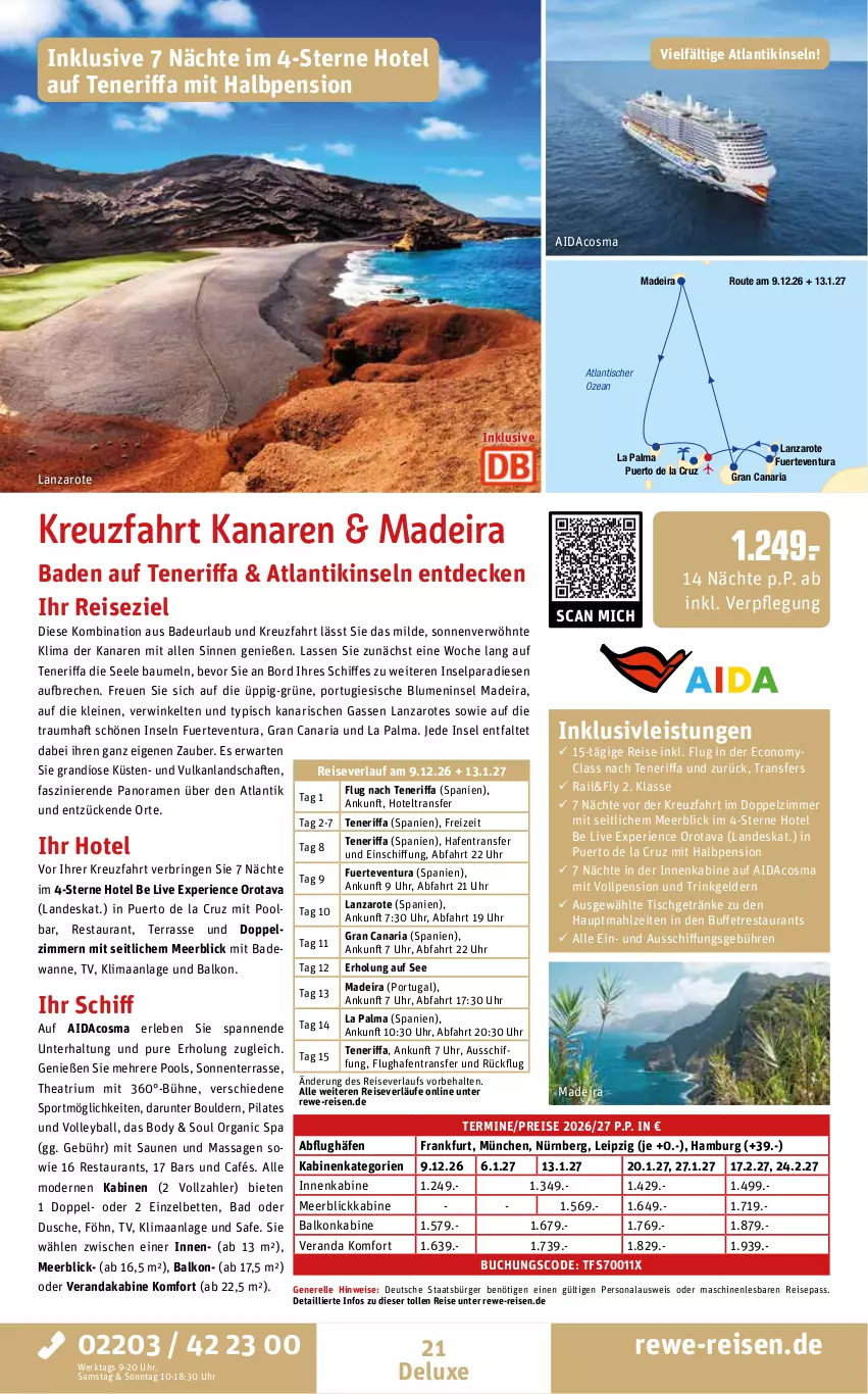 Aktueller Prospekt Rewe Reisen - Reiseprospekt - von 24.04 bis 29.05.2026 - strona 21 - produkty: Bad, Badewanne, balkonkabine, ball, Bau, bett, Betten, blume, blumen, body, buch, decke, dusche, eis, elle, ente, getränk, getränke, inklusivleistungen, leine, meerblickkabine, Mode, Persona, pool, reis, reiseverlauf, rel, Ria, ring, Sport, Thea, Ti, tisch, uhr, Wanne