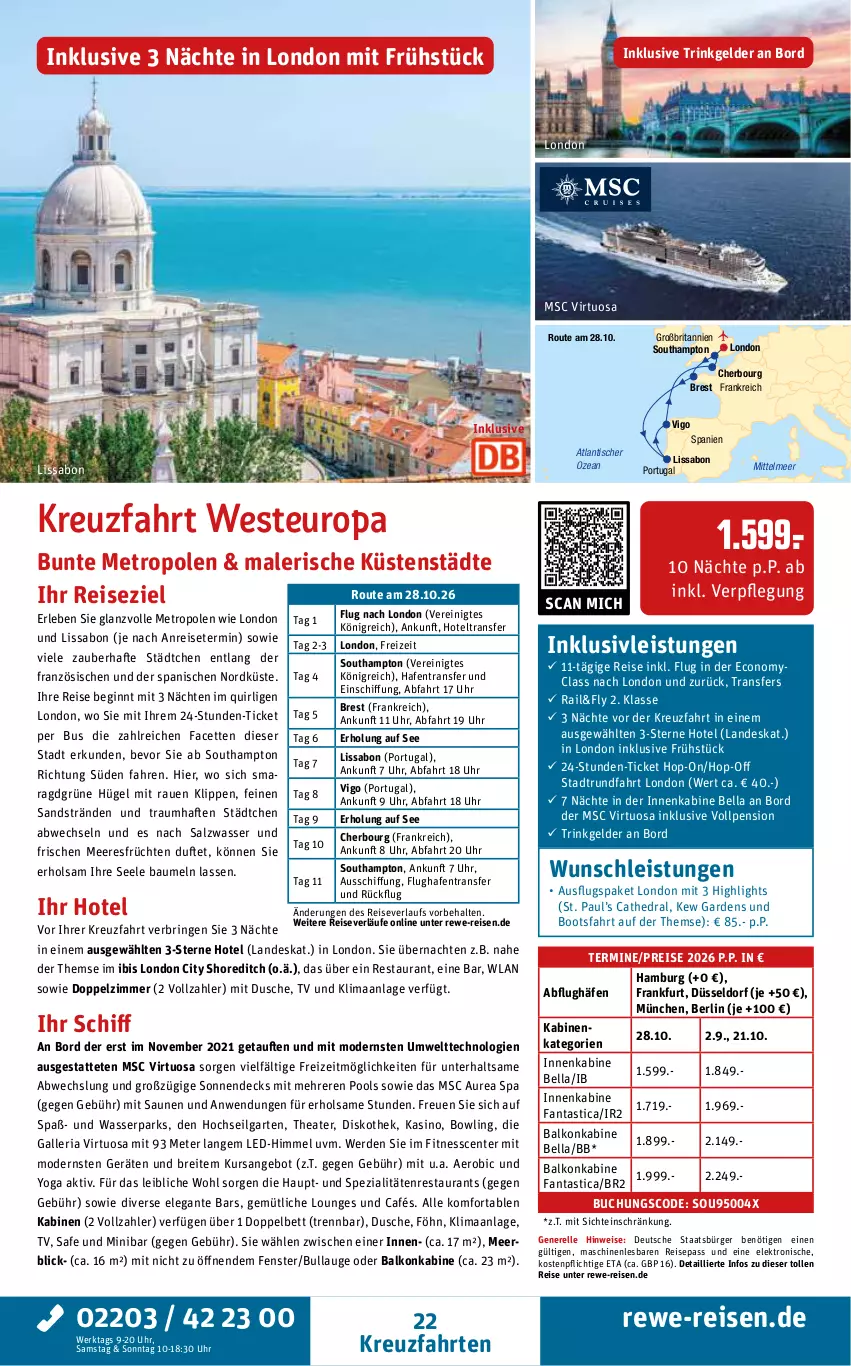 Aktueller Prospekt Rewe Reisen - Reiseprospekt - von 24.04 bis 29.05.2026 - strona 22 - produkty: angebot, asti, balkonkabine, Bau, bett, Brei, brita, buch, dusche, eis, Elektro, elle, ente, erde, fanta, fenster, früchte, früchten, Garten, gin, inklusivleistungen, kreuzfahrten, LG, meeresfrüchte, Metro, Mode, pool, reis, reiseverlauf, rel, Ria, ring, salz, Spezi, Thea, Ti, tisch, uhr, wasser, Weste, Yo