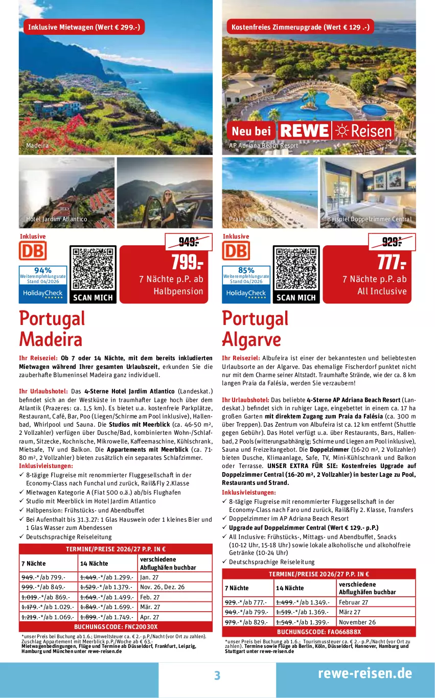 Aktueller Prospekt Rewe Reisen - Reiseprospekt - von 24.04 bis 29.05.2026 - strona 3 - produkty: alkohol, alkoholfreie getränke, angebot, Bad, bett, bier, blume, blumen, buch, deutschsprachige reiseleitung, dusche, eis, elle, erde, fisch, fische, Fischer, Garten, getränk, getränke, inklusivleistungen, kaffee, kaffeemaschine, kühlschrank, leine, LG, Liege, mikrowelle, pool, Razer, reis, Ria, rum, schirme, schlafzimmer, Schrank, snack, snacks, Ti, uhr, wasser, wein, Whirlpool