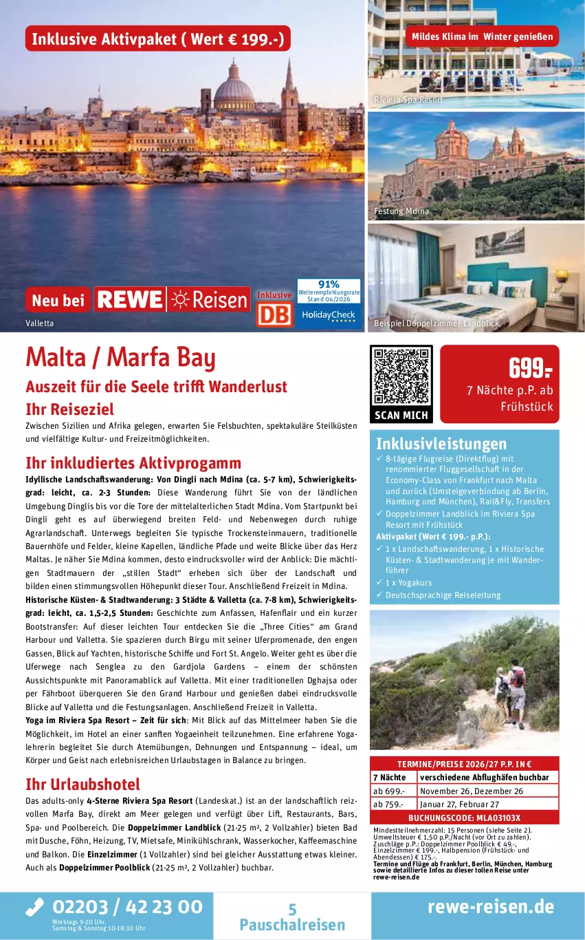 Aktueller Prospekt Rewe Reisen - Reiseprospekt - von 24.04 bis 29.05.2026 - strona 5 - produkty: arla, auer, Bad, Bau, Bauer, Brei, buch, decke, deutschsprachige reiseleitung, dusche, eis, elle, inklusivleistungen, kaffee, kaffeemaschine, Kocher, kühlschrank, leine, mab, pool, rama, reis, ring, rwe, Schal, Schrank, Ti, uhr, valletta, wasser, wasserkocher, Yo