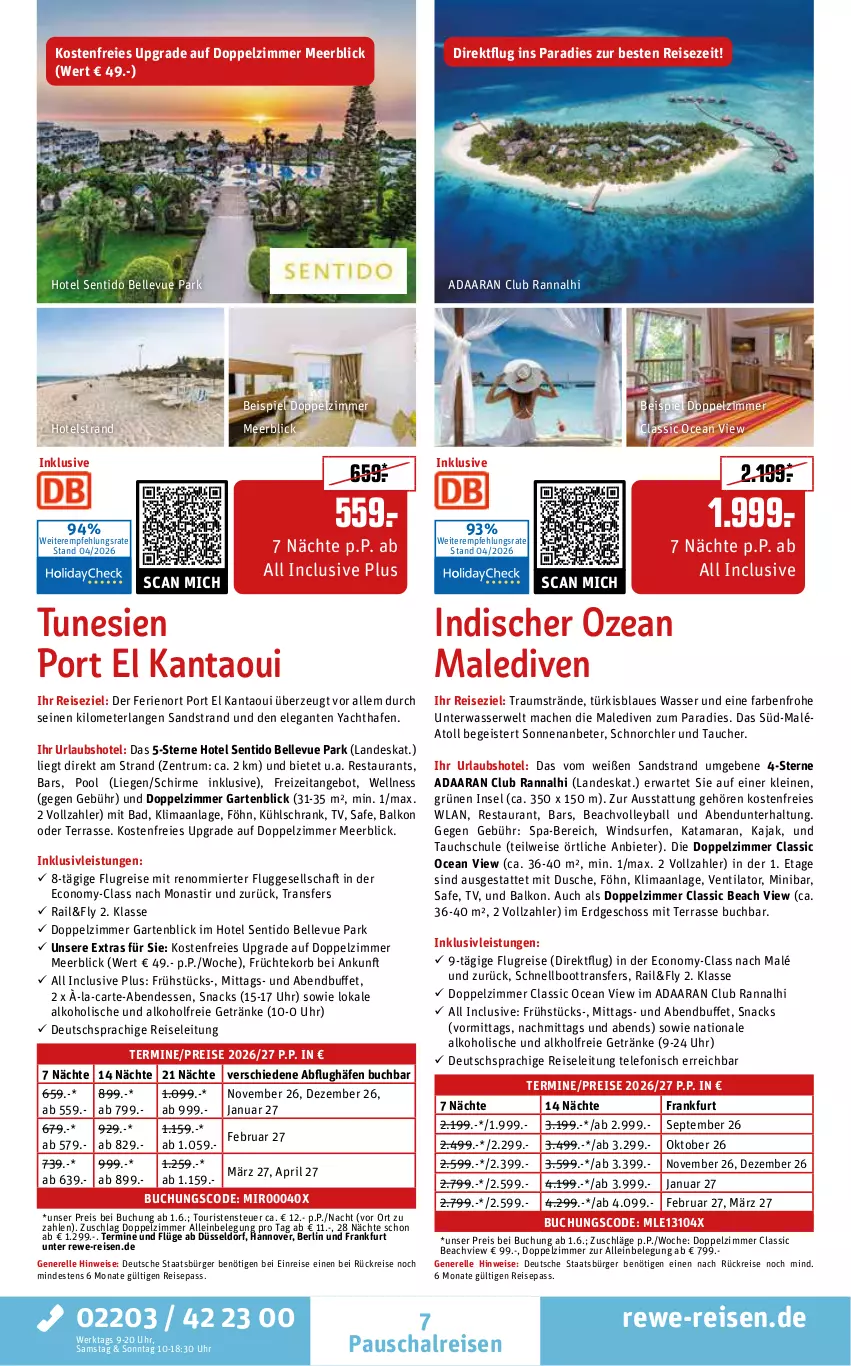 Aktueller Prospekt Rewe Reisen - Reiseprospekt - von 24.04 bis 29.05.2026 - strona 7 - produkty: alkohol, alkoholfreie getränke, angebot, asti, Bad, ball, buch, deutschsprachige reiseleitung, dusche, eis, elle, früchte, Garten, getränk, getränke, inklusivleistungen, Kajak, korb, kühlschrank, leine, Liege, mac, pool, pril, reis, rel, rum, rwe, Schal, schirme, Schrank, snack, snacks, Surf, telefon, Ti, uhr, ventilator, wasser