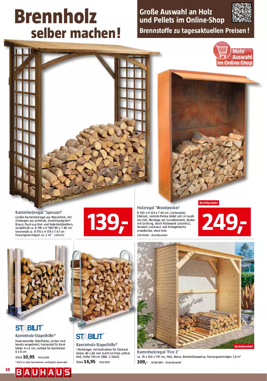 Aktueller Prospekt Bauhaus - Prospekte - von 28.10 bis 02.12.2023 - strona 38 - produkty: Bau, braun, Brennholz, bügel, eis, elle, Holz, Kamin, Kaminholz, mac, massivholz, natur, Pellets, regal, reis, rückwand, rwe, Ti