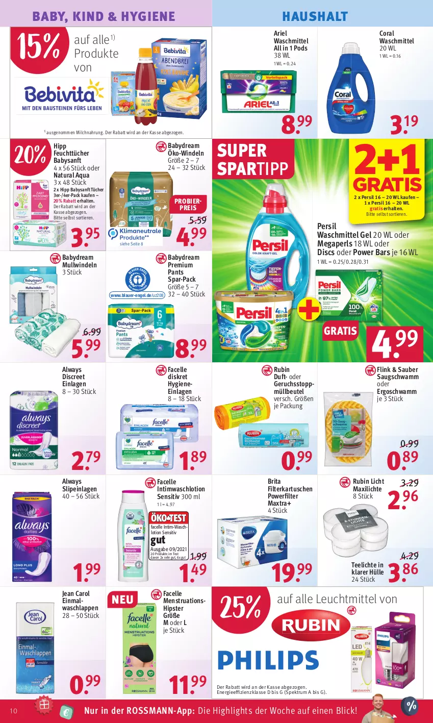 Aktueller Prospekt Rossmann - Prospekte - von 04.10 bis 07.10.2022 - strona 10 - produkty: Alwa, Always, aqua, ariel, ariel waschmittel, auer, babydream, beutel, bier, brita, Coral, Discreet, Einmalwaschlappen, eis, elle, Engel, Facelle, feuchttücher, filterkartuschen, hipp, Jean Carol, leuchtmittel, Lotion, Maxtra, megaperls, milch, müllbeutel, Mullwindel, natur, natura, Pants, persil, persil waschmittel, Pods, reis, Rubin, rum, schwamm, slip, slipeinlagen, spartipp, Spektrum, tee, Teelicht, teelichte, Ti, Tiere, tücher, waschlappen, Waschlotion, waschmittel, windeln