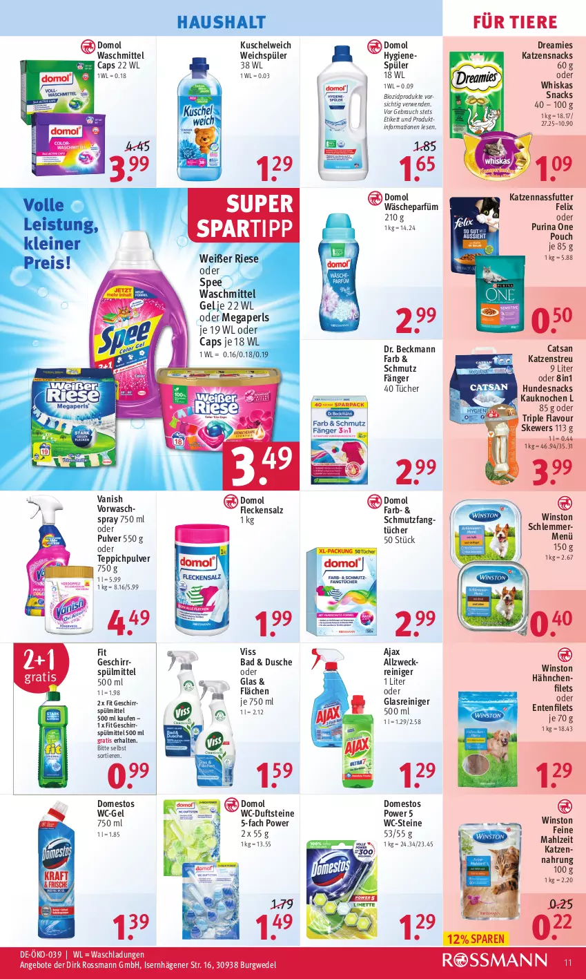 Aktueller Prospekt Rossmann - Prospekte - von 04.10 bis 07.10.2022 - strona 11 - produkty: ajax, allzweckreiniger, angebot, angebote, Bad, bio, biozidprodukte, Cap, catsan, domestos, Domol, Dr. Beckmann, dreamies, dusche, ente, Fangtücher, felix, filet, filets, geschirr, geschirrspülmittel, Glasreiniger, HP, hundesnack, hundesnacks, hygienespüler, katzennahrung, katzensnack, katzensnacks, Katzenstreu, Kuschelweich, megaperls, nassfutter, purina, Rauch, reiniger, rwe, salz, snack, snacks, spartipp, spee, spülmittel, teppich, Ti, Tiere, tücher, vanish, wäscheparfüm, waschmittel, wc-gel, WC-Steine, weck, wedel, weichspüler, whiskas