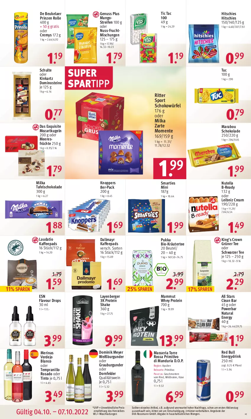 Aktueller Prospekt Rossmann - Prospekte - von 04.10 bis 07.10.2022 - strona 12 - produkty: angebot, angebote, Berger, beutel, bio, braten, burgunder, cremys, dallmayr, de beukelaer, Dominosteine, dornfelder, drink, eis, elle, ente, erde, frucht, früchte, grauburgunder, grüner tee, kaffee, kaffeepads, Käse, knoppers, kräuter, Kugel, leibniz, mam, mango, mangos, Marabou, meeresfrüchte, milka, natur, natura, nuss, nutella, primitivo, prinzen rolle, qualitätswein, red bull, reifen, reis, Ria, rind, ritter, ritter sport, schoko, schokolade, schokowürfel, schwarzer tee, shake, smarties, spartipp, Sport, tafelschokolade, tee, teller, tempranillo, Ti, tuc, wein, Weißburgunder, Wild, würfel