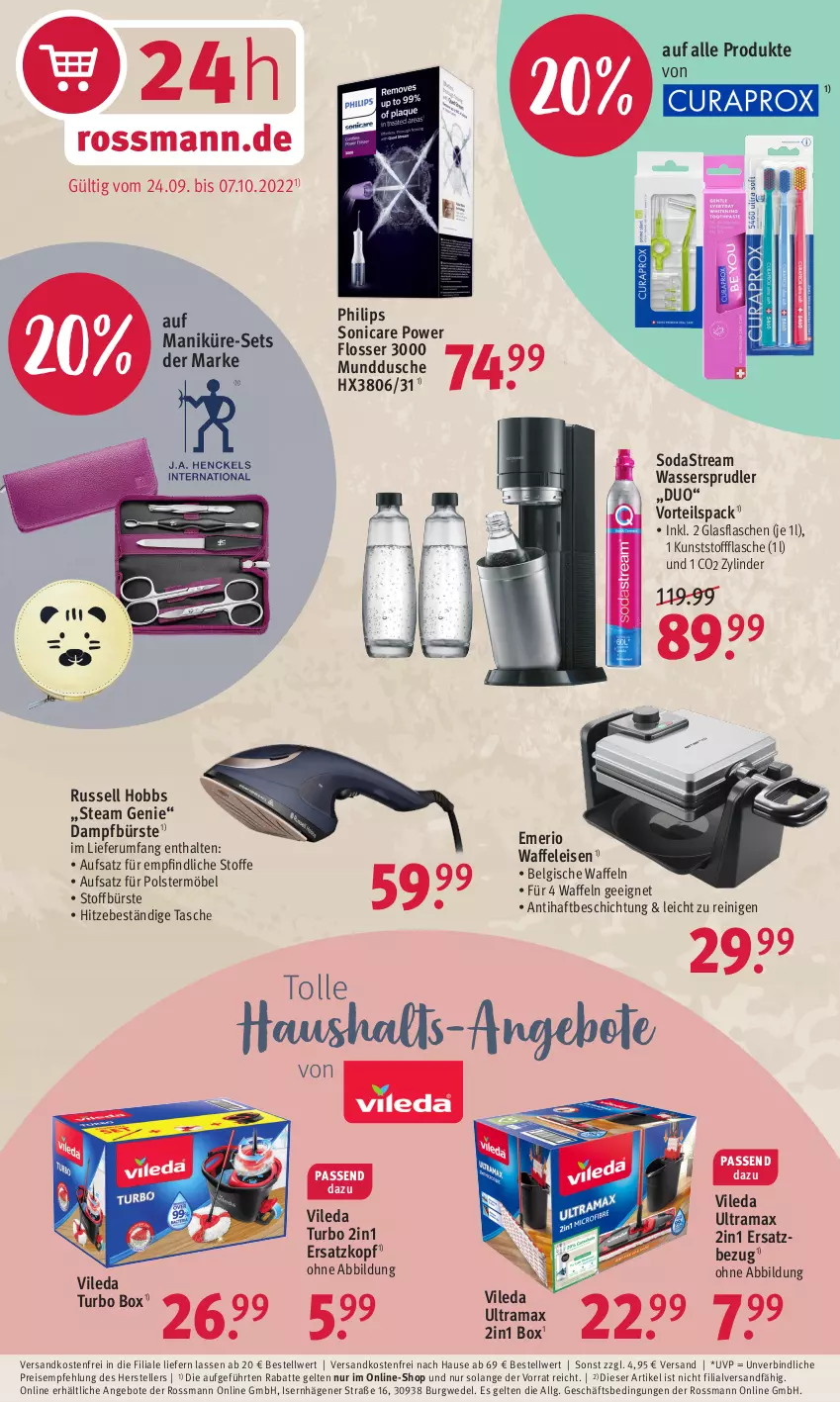 Aktueller Prospekt Rossmann - Prospekte - von 04.10 bis 07.10.2022 - strona 16 - produkty: angebot, angebote, bürste, dusche, eis, elle, flasche, glasflasche, LG, möbel, ndk, Philips, rama, reis, rum, russell hobbs, Soda, sodastream, sonicare, Tasche, teller, Ti, versandkostenfrei, vileda, Waffeleisen, waffeln, wasser, wassersprudler, wedel