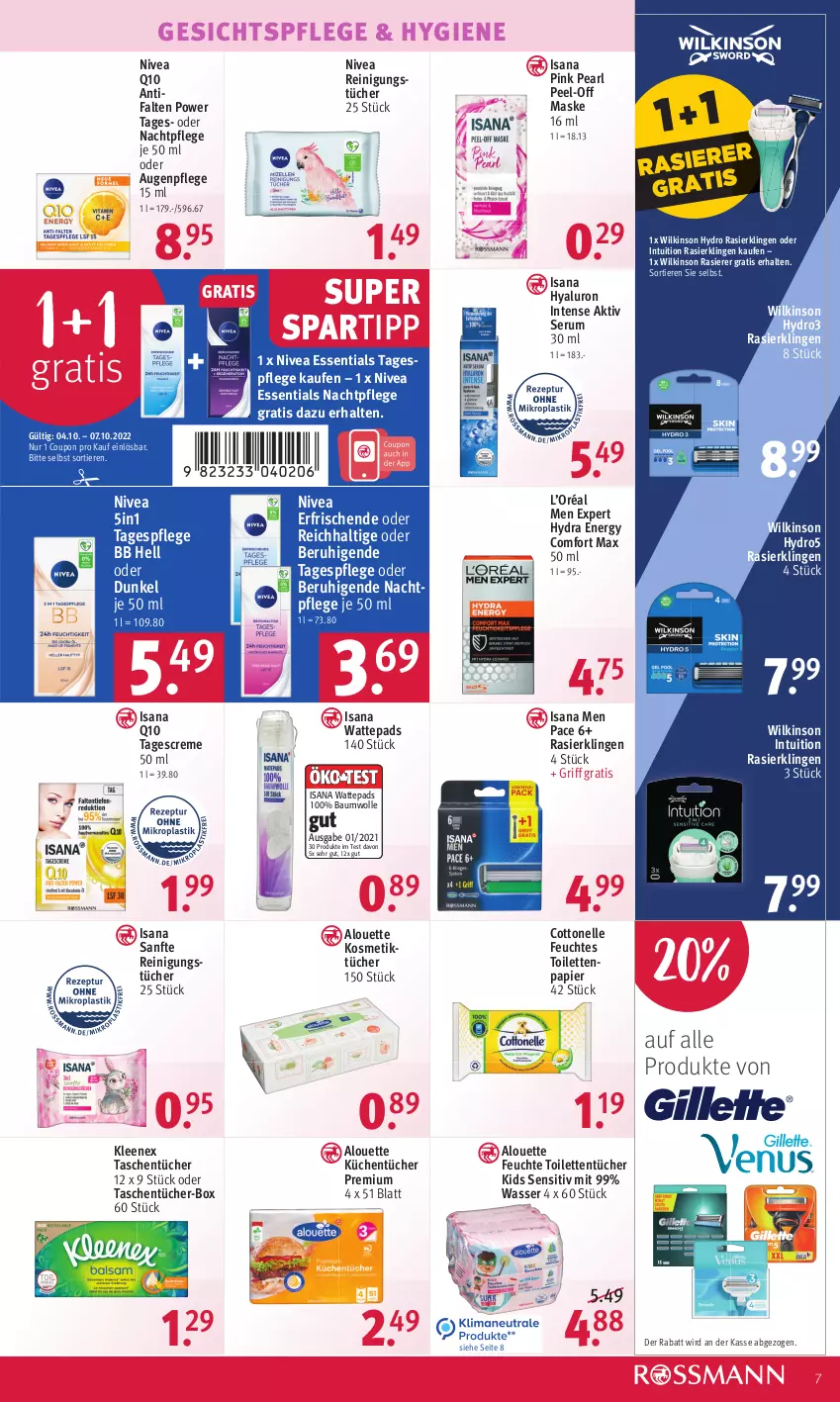 Aktueller Prospekt Rossmann - Prospekte - von 04.10 bis 07.10.2022 - strona 7 - produkty: alouette, Augenpflege, Bau, baumwolle, cottonelle, coupon, creme, elle, feuchtes toilettenpapier, gesichtspflege, hyaluron, isana, kosmetik, Kosmetiktücher, küche, Küchen, küchentücher, Maske, nachtpflege, nivea, papier, Q10, rasierer, Rasierklinge, rasierklingen, Reinigung, reinigungstücher, rum, sana, Serum, spartipp, tagescreme, Tagespflege, Tasche, taschen, taschentücher, Ti, Tiere, toilettenpapier, toilettentücher, tücher, wasser, wattepads, wilkinson, wolle