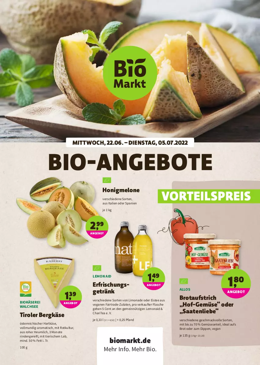 Aktueller Prospekt Denns Biomarkt - Prospekte - von 22.06 bis 05.07.2022 - strona 1 - produkty: angebot, angebote, aufstrich, Bergkäse, bio, brot, brotaufstrich, dip, eis, eistee, erfrischungsgetränk, flasche, getränk, hartkäse, Heu, heumilch, honig, honigmelone, Käse, limo, limonade, mac, melone, milch, reis, rind, tee, Ti, tisch, vorteilspreis