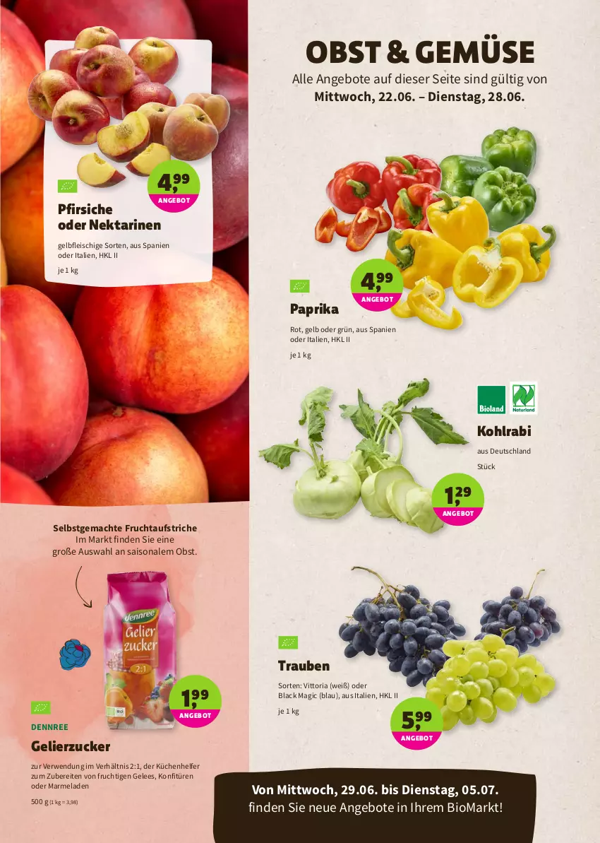 Aktueller Prospekt Denns Biomarkt - Prospekte - von 22.06 bis 05.07.2022 - strona 2 - produkty: angebot, angebote, aufstrich, bio, dennree, eis, fleisch, frucht, fruchtaufstrich, gelee, gelierzucker, kohlrabi, konfitüre, konfitüren, küche, Küchen, Küchenhelfer, lack, mac, marmelade, Nektar, nektarinen, obst, paprika, pfirsich, pfirsiche, pfirsiche oder, Ria, rwe, Ti, trauben, zucker