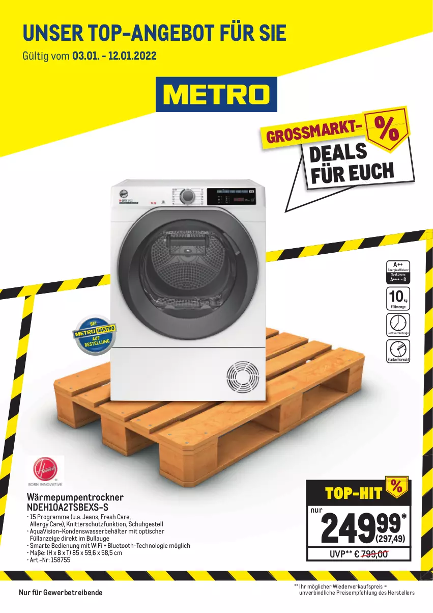 Aktueller Prospekt Metro - Knallerpreis - von 03.01 bis 12.01.2022 - strona 1 - produkty: angebot, aqua, Behälter, eis, elle, jeans, reis, teller, Ti, tisch, top-angebot, Trockner, wärmepumpentrockner, wasser