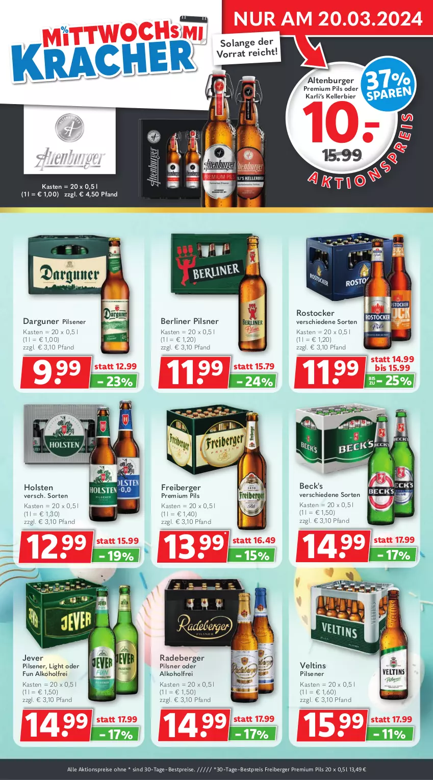 Aktueller Prospekt Getraenkeland - von 18.03 bis 30.03.2024 - strona 2 - produkty: aktionspreis, alkohol, altenburger, beck's, Berger, berliner, bestpreis, bestpreise, bier, burger, eis, elle, Freiberger, holsten, jever, kellerbier, pils, pilsener, pilsner, premium pils, radeberger, radeberger pilsner, reis, Rostocker, Ti, veltins