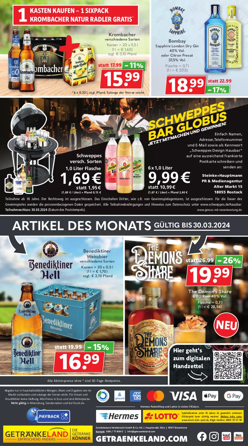 Aktueller Prospekt Getraenkeland - von 18.03 bis 30.03.2024 - strona 8 - produkty: abholpreise, aktionspreis, auer, Benediktiner, bestpreis, bestpreise, bier, dry gin, eis, Elan, erde, flasche, getränk, getränke, gewinnspiel, gin, krombache, krombacher, london dry, london dry gin, mac, nuss, reis, ritter, rum, sapphire, Schal, schweppes, Spiele, telefon, Ti, usb, weissbier, Yo