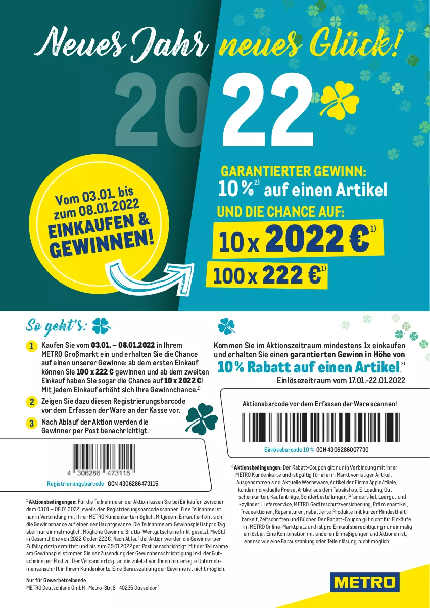 Aktueller Prospekt Metro - Rabattcoupons - von 03.01 bis 08.01.2022 - strona 1 - produkty: Apple, brut, coupon, eis, elle, erde, gewinnspiel, gutschein, gutscheine, LG, lieferservice, Metro, miele, rabatt-coupon, reis, Ti