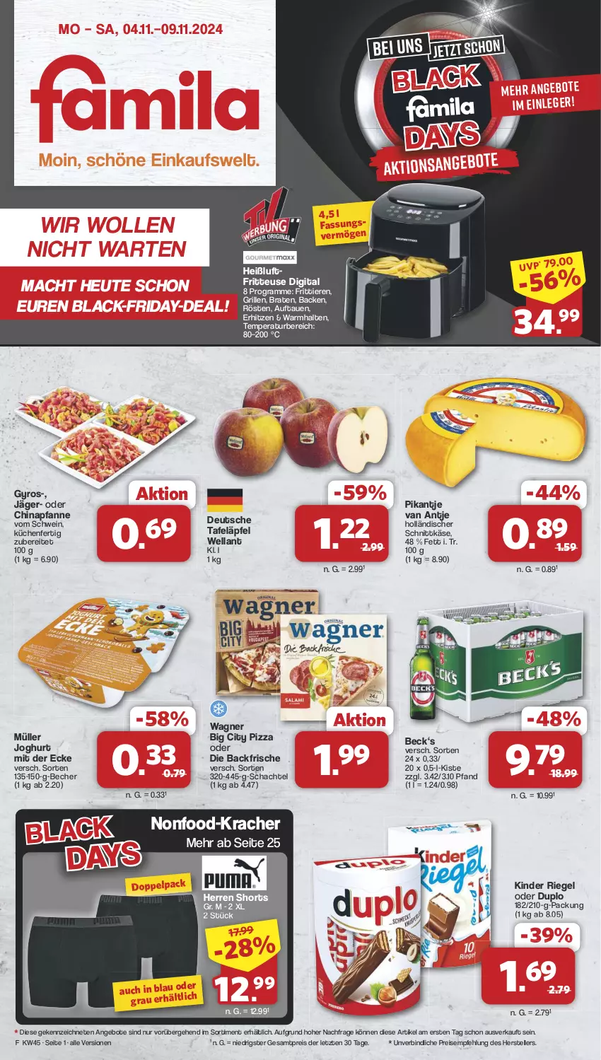 Aktueller Prospekt Famila - Prospekte - von 04.11 bis 09.11.2024 - strona 1 - produkty: angebot, angebote, Becher, braten, duplo, eis, elle, friday, fritteuse, grill, gyros, Heißluftfritteuse, Heu, holländischer schnittkäse, joghur, joghurt, joghurt mit der ecke, Käse, Kinder, kinder riegel, kracher, küche, Küchen, lack, mac, Müller, pfanne, pizza, reis, riegel, schnittkäse, schwein, shorts, tafeläpfel, teller, Ti, Tiere, wagner, wein, Wella, wolle, ZTE