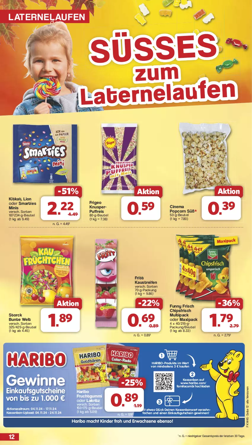 Aktueller Prospekt Famila - Prospekte - von 04.11 bis 09.11.2024 - strona 12 - produkty: aust, beutel, chips, chipsfrisch, cin, eis, frucht, fruchtgummi, Funny Frisch, gutschein, gutscheine, haribo, Kaustreifen, kitkat, Lakritz, laterne, Laufen, lion, oder lakritz, popcorn, reifen, reis, smarties, storck, Ti, ZTE