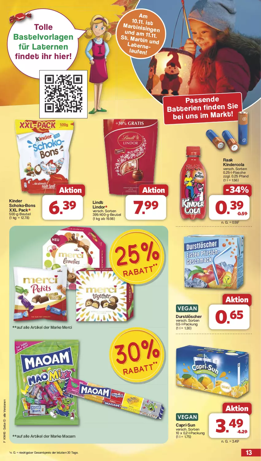 Aktueller Prospekt Famila - Prospekte - von 04.11 bis 09.11.2024 - strona 13 - produkty: beutel, Cap, capri-sun, cola, durstlöscher, eis, flasche, Kinder, laterne, lindor, lindt, maoam, merci, reis, schoko, schoko-bons, Ti, ZTE