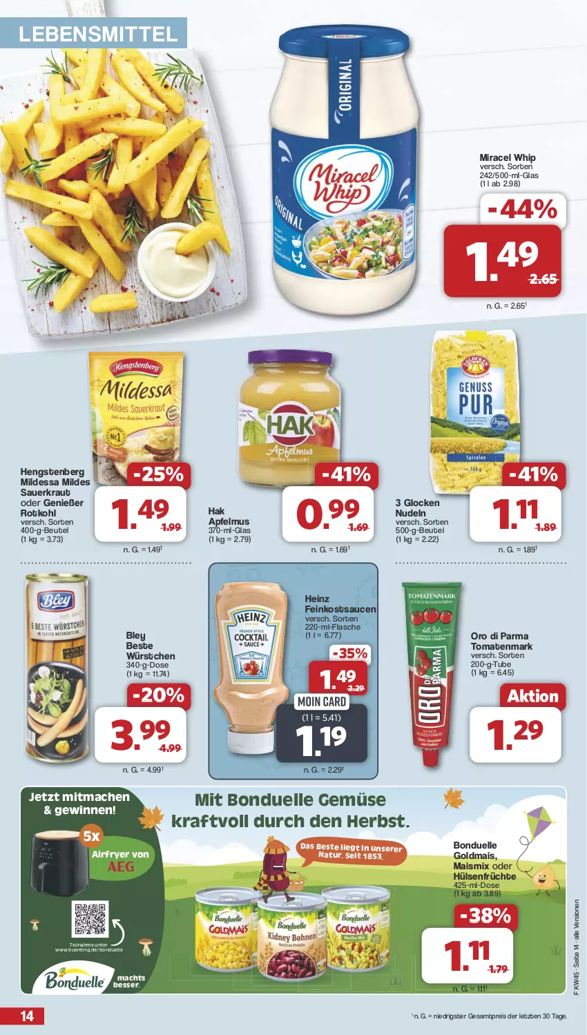 Aktueller Prospekt Famila - Prospekte - von 04.11 bis 09.11.2024 - strona 14 - produkty: Airfryer, apfel, apfelmus, auer, beutel, bley, bonduelle, bonduelle goldmais, eis, elle, feinkost, flasche, früchte, Goldmais, heinz, hengstenberg, hülsenfrüchte, kraft, Kraut, lebensmittel, mac, mais, miracel, miracel whip, natur, nudel, nudeln, oro di parma, reis, rotkohl, sauce, saucen, Sauerkraut, senf, Ti, tomate, tomaten, tomatenmark, würstchen, ZTE