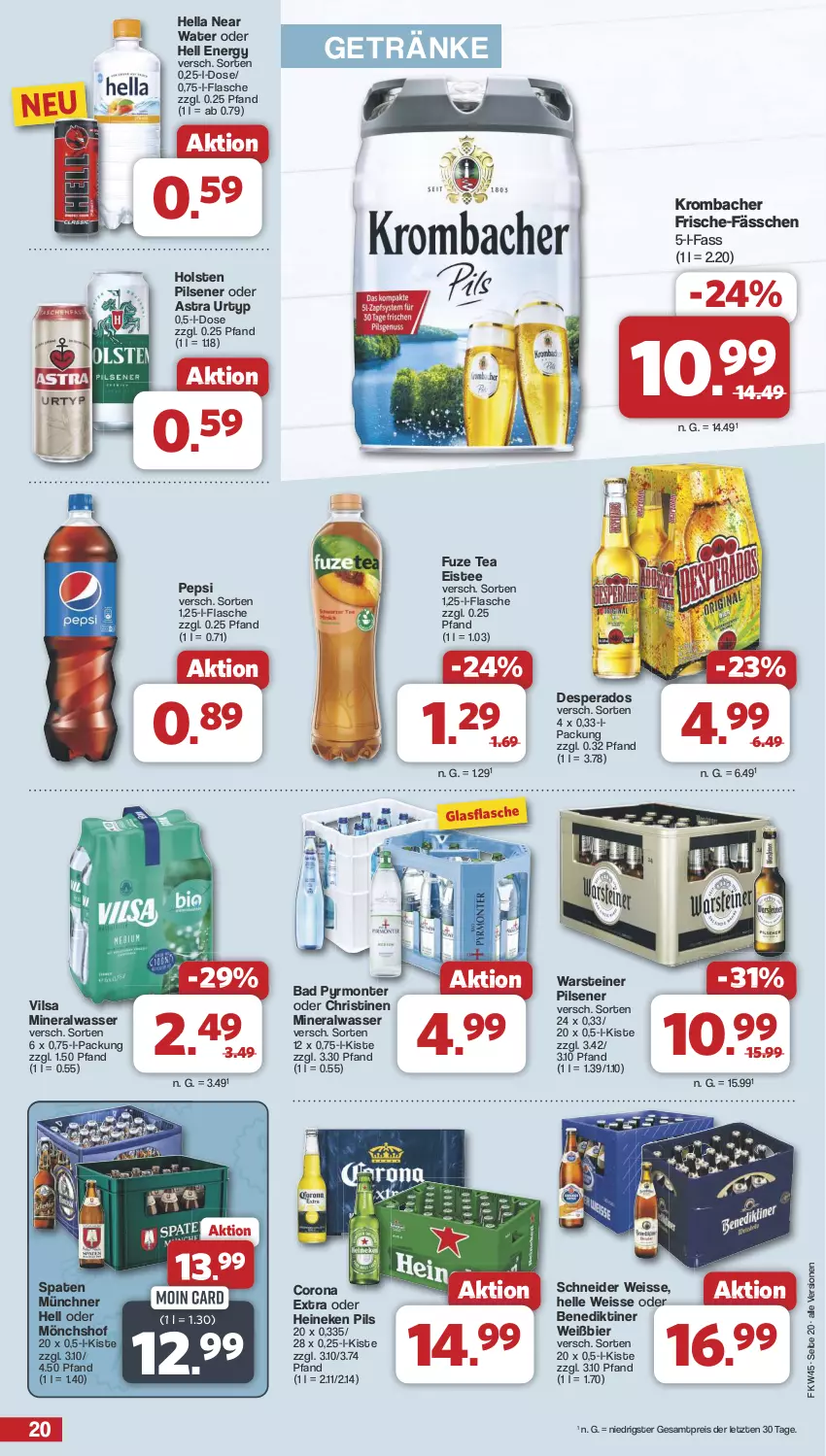 Aktueller Prospekt Famila - Prospekte - von 04.11 bis 09.11.2024 - strona 20 - produkty: Alwa, Astra, Bad, Benediktiner, bier, corona, corona extra, desperados, eis, eistee, elle, flasche, fuze tea, getränk, getränke, glasflasche, heineken, hella, holsten, holsten pilsener, krombache, krombacher, mineralwasser, mönchshof, monte, pepsi, pils, pilsener, reis, Spaten, steiner, tee, Ti, urtyp, vilsa, warsteiner, wasser, ZTE