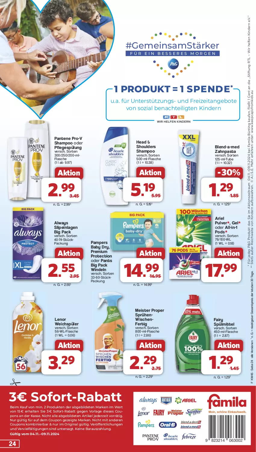 Aktueller Prospekt Famila - Prospekte - von 04.11 bis 09.11.2024 - strona 24 - produkty: Alwa, Always, angebot, angebote, ariel, blend-a-med, Cap, coupon, coupons, eis, fairy, flasche, gin, Kinder, lenor, lenor weichspüler, Meister, meister proper, pampers, pampers baby dry, pantene, pantene pro-v, Pants, pasta, Pflegespülung, Pods, pro-v, reis, shampoo, slip, slipeinlagen, sofort-rabatt, spülmittel, spülung, Ti, weichspüler, windeln, zahnpasta, ZTE