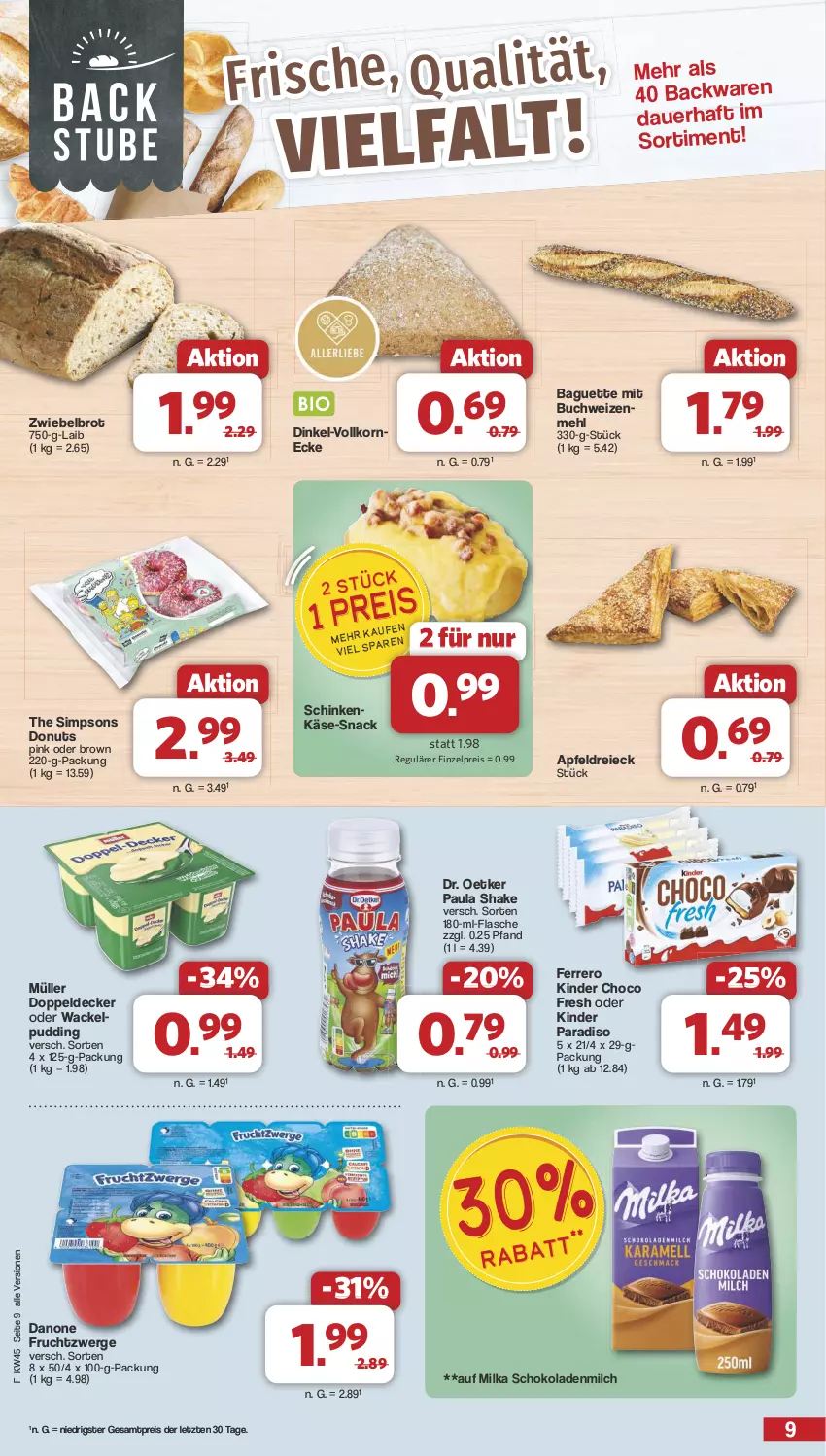 Aktueller Prospekt Famila - Prospekte - von 04.11 bis 09.11.2024 - strona 9 - produkty: apfel, auer, backwaren, baguette, brot, buch, choco fresh, danone, danone fruchtzwerge, decke, Donut, donuts, Dr. Oetker, eis, ferrero, flasche, frucht, fruchtzwerge, Käse, Kinder, Kinder Choco fresh, korn, mehl, milch, milka, milka schokolade, Müller, Paula, pudding, reis, schinken, schoko, schokolade, schokoladen, shake, sim, snack, Ti, weizenmehl, ZTE, zwiebel