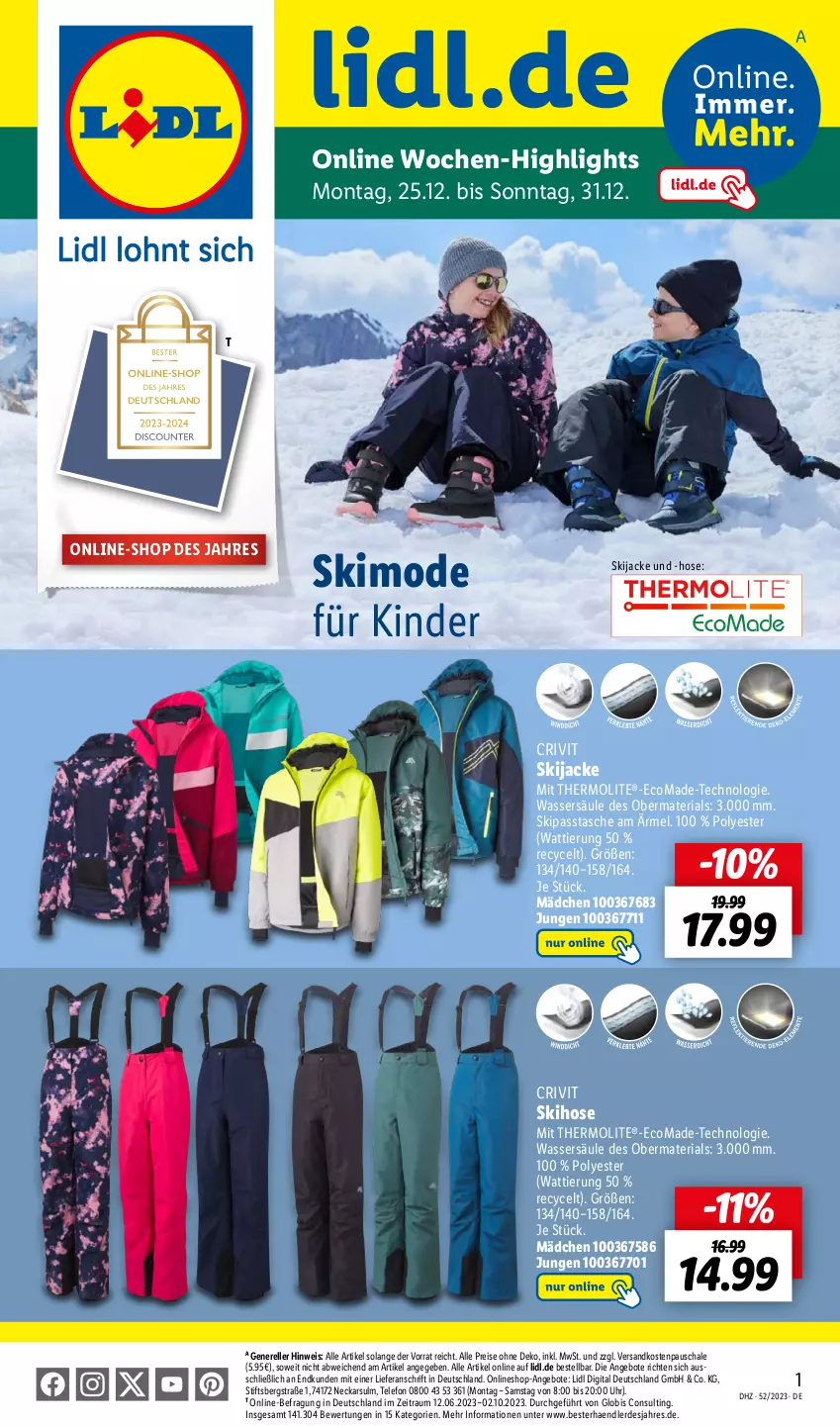 Aktueller Prospekt Lidl - Wochen-Highlights im Onlineshop - von 25.12 bis 31.12.2023 - strona 1 - produkty: angebot, angebote, crivit, eis, elle, erde, hose, Jacke, Kinder, Mode, ndk, reis, rel, Ria, Schal, Schale, Tasche, telefon, Ti, uhr, wasser