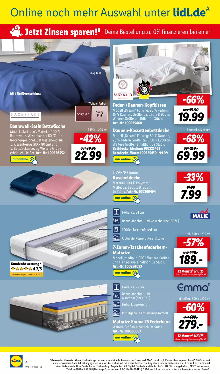 Aktueller Prospekt Lidl - Wochen-Highlights im Onlineshop - von 25.12 bis 31.12.2023 - strona 4 - produkty: angebot, angebote, Bau, baumwolle, bett, bettwäsche, decke, dell, dip, eis, elle, Ergee, federkern, federkernmatratze, kernmatratze, kissen, Kissenbezug, kopfkissen, kuscheldecke, Liege, matratze, Mode, ndk, reis, rel, Ria, Schal, Schale, Tasche, taschen, taschenfederkernmatratze, telefon, Ti, Trockner, uhr, wolle