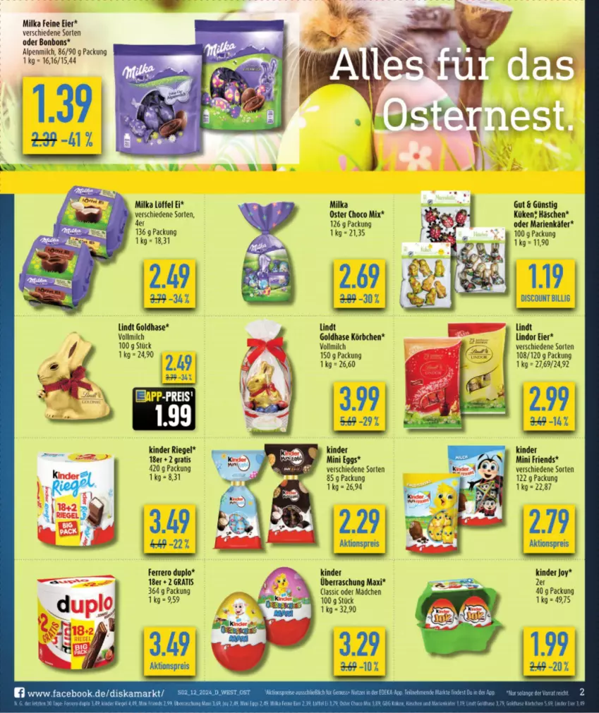 Aktueller Prospekt Diska - von 18.03 bis 23.03.2024 - strona 4 - produkty: aktionspreis, alpenmilch, bonbons, discount, duplo, eier, eis, ferrero, käfer, Kinder, kinder riegel, Körbchen, lindor, lindt, Löffel, milch, milka, reis, riegel, Ti, vollmilch