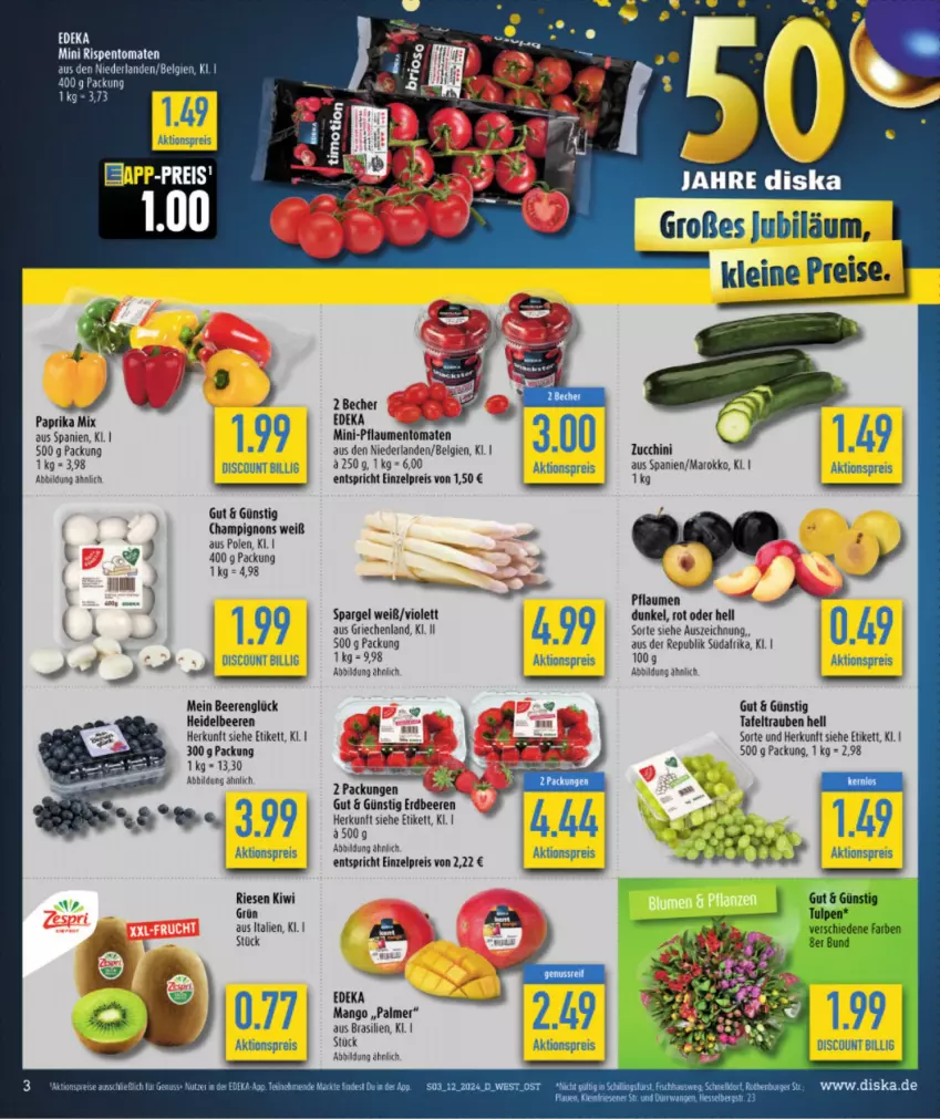 Aktueller Prospekt Diska - von 18.03 bis 23.03.2024 - strona 5 - produkty: aktionspreis, Becher, beere, beeren, champignon, champignons, deka, discount, eis, erdbeere, erdbeeren, heidelbeere, heidelbeeren, kiwi, leine, LG, mango, paprika, paprika mix, pflaume, pflaumen, reis, rispentomaten, spargel, tafeltrauben, Ti, tomate, tomaten, trauben, zucchini