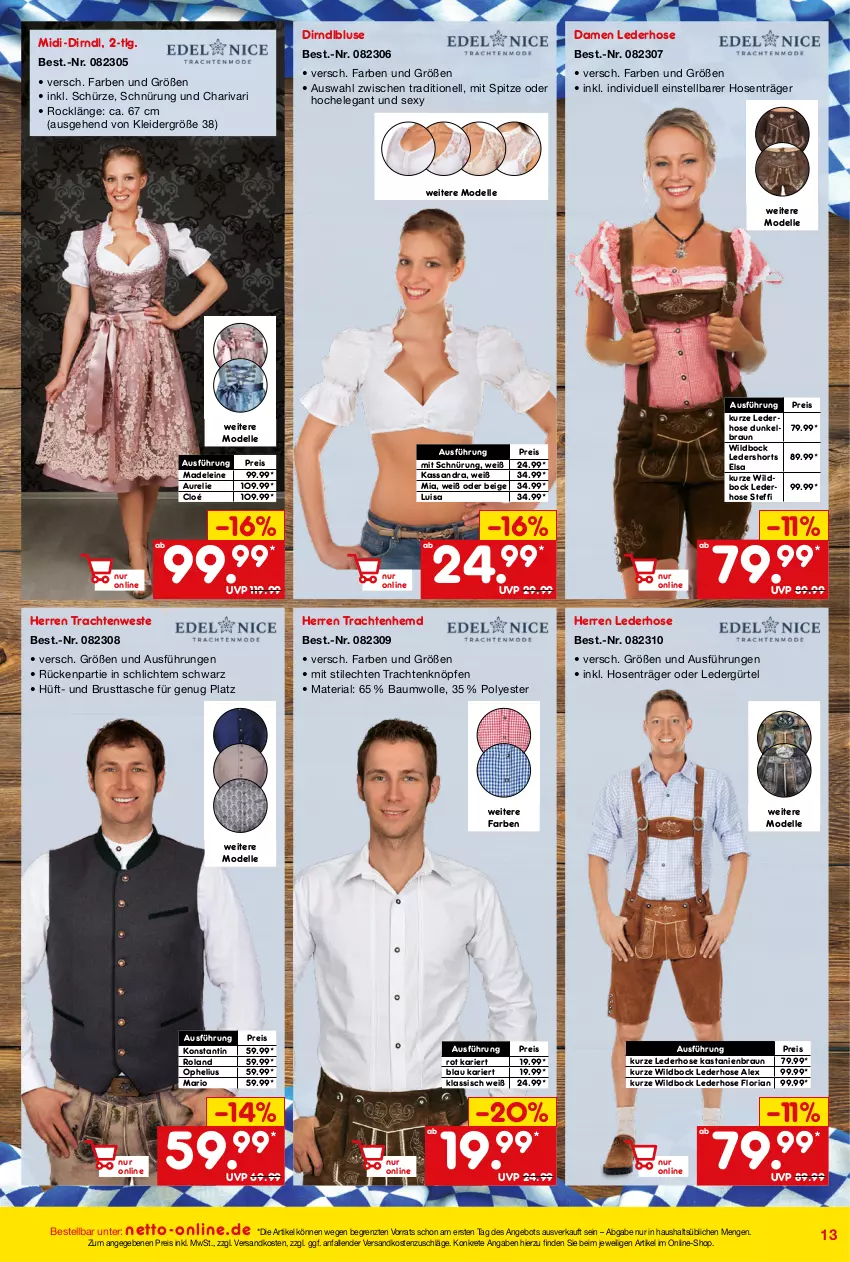 Aktueller Prospekt Netto Marken-Discount - Online-Angebote August - von 01.08 bis 31.08.2023 - strona 13 - produkty: angebot, Bau, baumwolle, bluse, braun, dell, Dirndl, Dirndlbluse, eis, elle, hemd, hose, hosen, kleid, kleider, Lederhose, leine, LG, Mode, ndk, reis, rel, Ria, Schürze, shorts, Tasche, Ti, Trachtenhemd, Trachtenweste, Weste, Wild, wolle, ZTE