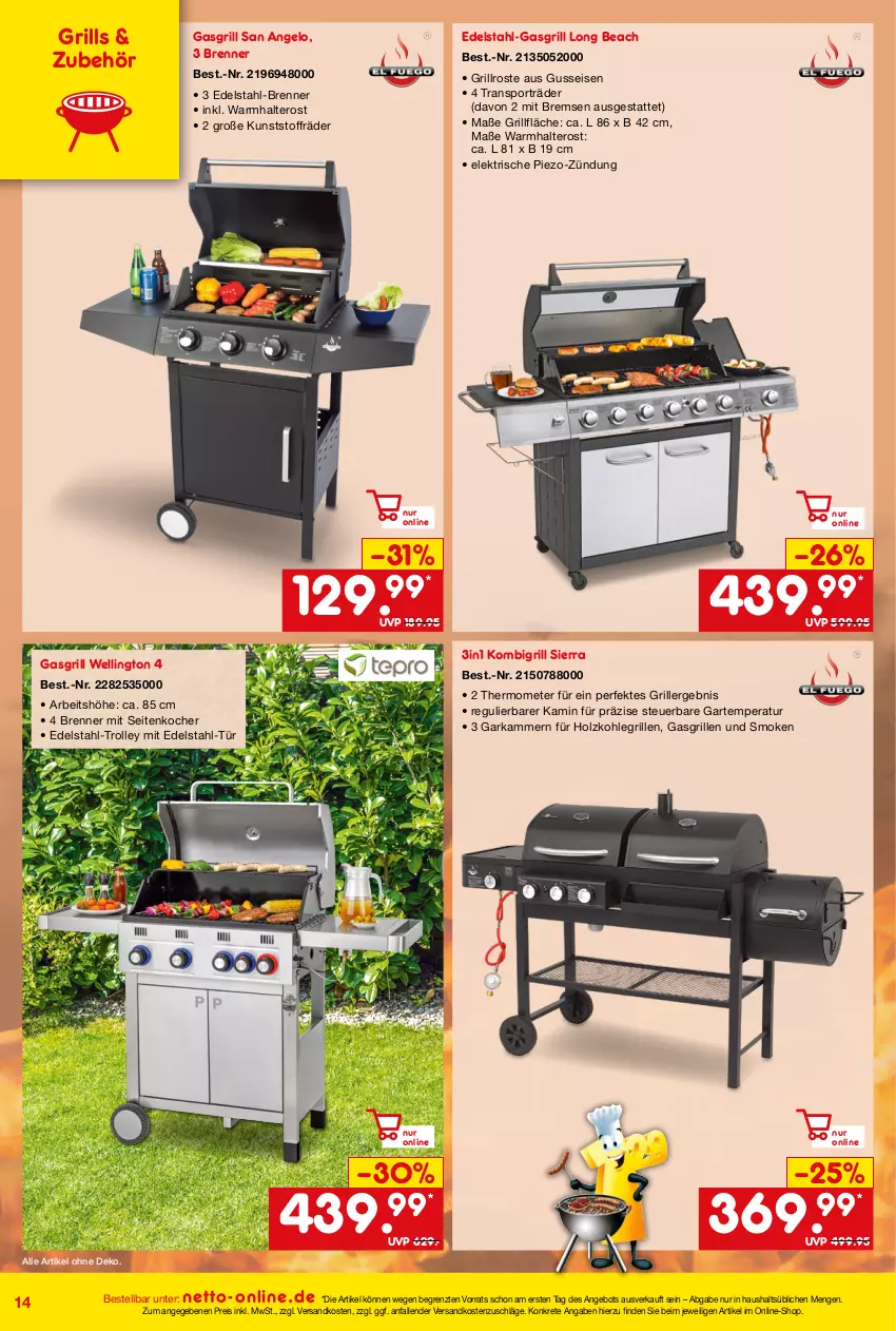 Aktueller Prospekt Netto Marken-Discount - Online-Angebote August - von 01.08 bis 31.08.2023 - strona 14 - produkty: angebot, edelstahl, eis, gasgrill, grill, grillfläche, grillrost, Holz, holzkohle, holzkohlegrill, Kamin, Kocher, Kohlegrill, ndk, piezo-zündung, reis, Sierra, Sport, thermometer, Ti, trolley, ZTE