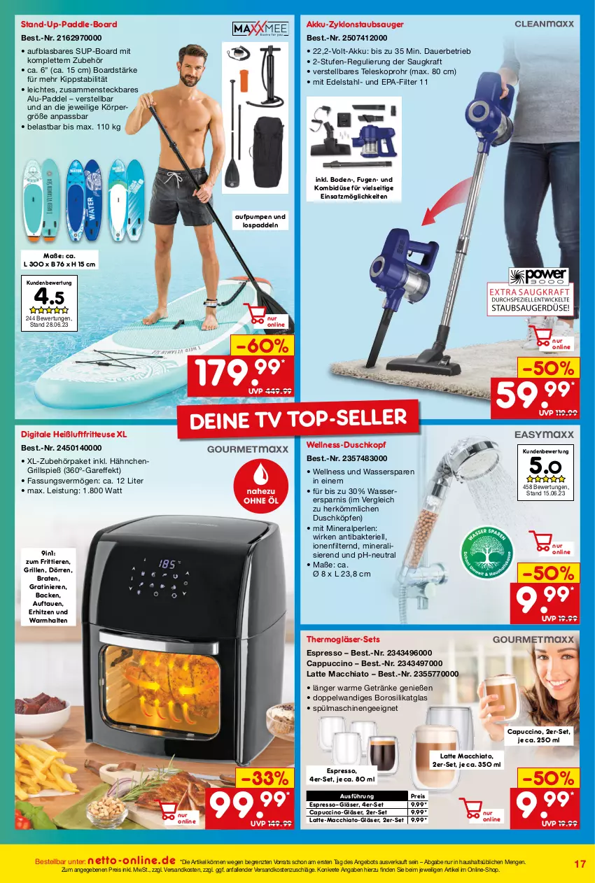 Aktueller Prospekt Netto Marken-Discount - Online-Angebote August - von 01.08 bis 31.08.2023 - strona 17 - produkty: ACC, akku, angebot, auer, braten, Cap, cappuccino, chia, cin, edelstahl, eis, elle, espresso, fritteuse, getränk, getränke, Gläser, grill, Heißluftfritteuse, kraft, latte, latte macchiato, mac, macchiato, ndk, perlen, reis, spülmaschinen, staubsauger, Teleskop, Thermogläser, Ti, Tiere, wasser, ZTE