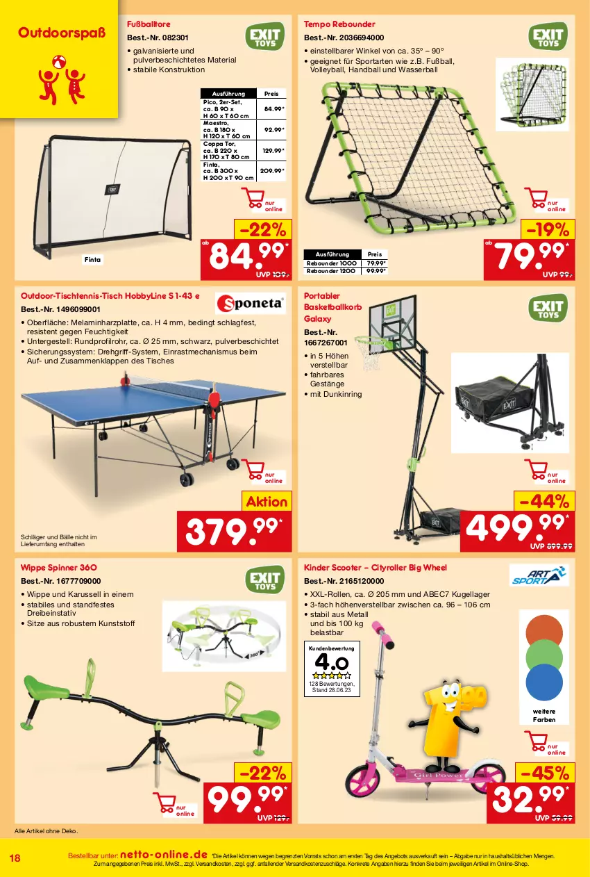 Aktueller Prospekt Netto Marken-Discount - Online-Angebote August - von 01.08 bis 31.08.2023 - strona 18 - produkty: angebot, ball, eis, Fußball, Fußballtore, Hobby, Kinder, korb, Kugel, latte, ndk, reis, Ria, ring, Roller, rum, scooter, Sport, Tempo, Ti, tisch, wasser, Wasserball, ZTE