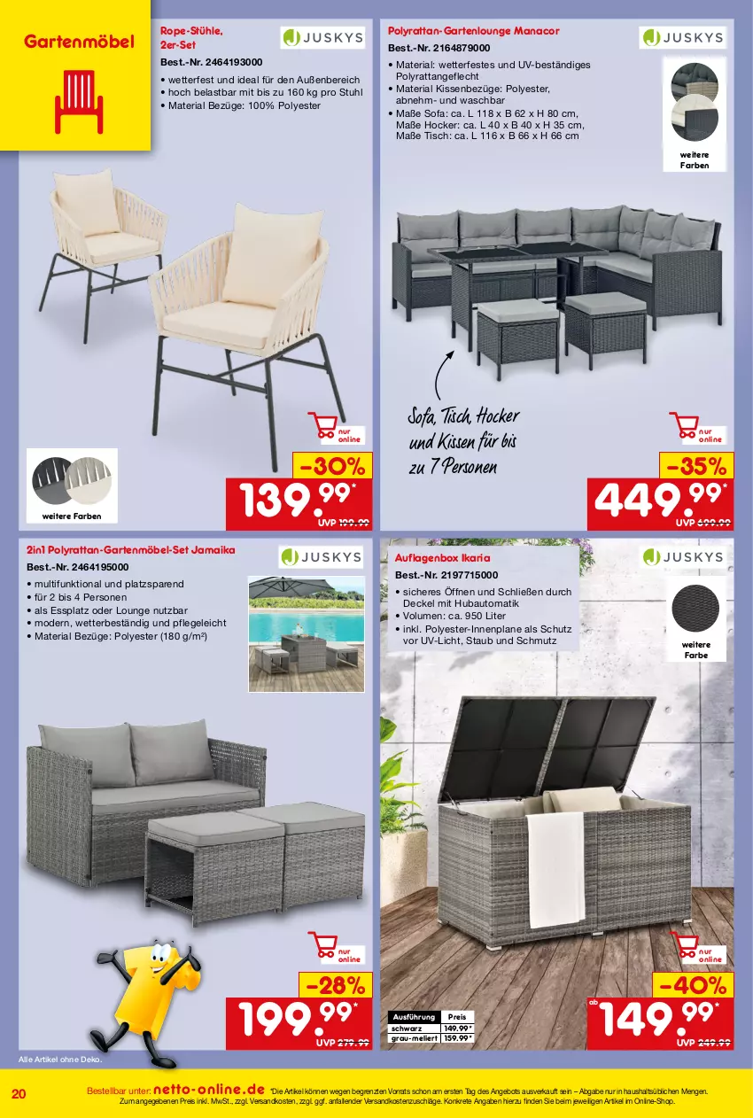 Aktueller Prospekt Netto Marken-Discount - Online-Angebote August - von 01.08 bis 31.08.2023 - strona 20 - produkty: angebot, auflagenbox, auto, decke, Deckel, eis, Garten, Gartenlounge, gartenmöbel, hocker, kissen, möbel, ndk, reis, Ria, Sofa, Stühl, stuhl, Ti, tisch, ZTE