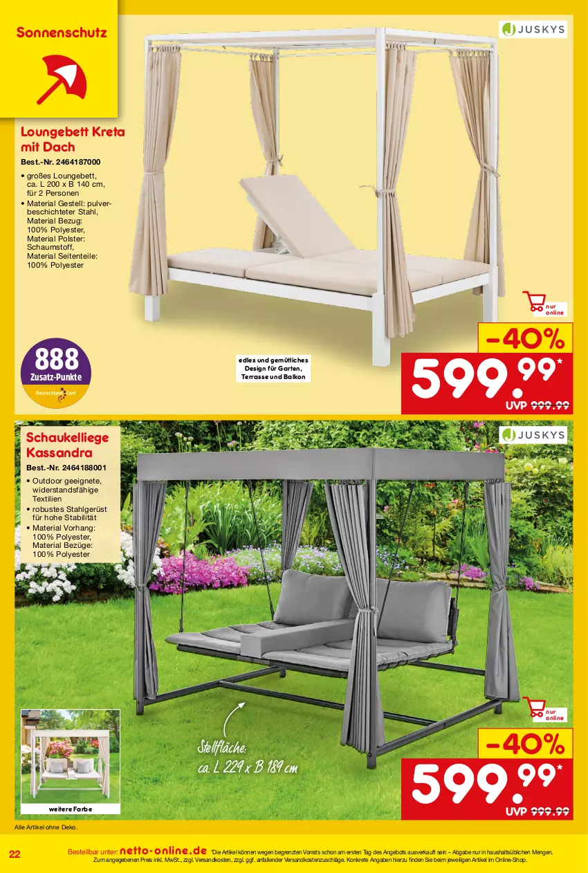 Aktueller Prospekt Netto Marken-Discount - Online-Angebote August - von 01.08 bis 31.08.2023 - strona 22 - produkty: angebot, bett, eis, ente, Garten, LG, Liege, ndk, reis, Ria, Schaukel, Schaukelliege, sonnenschutz, Ti, ZTE