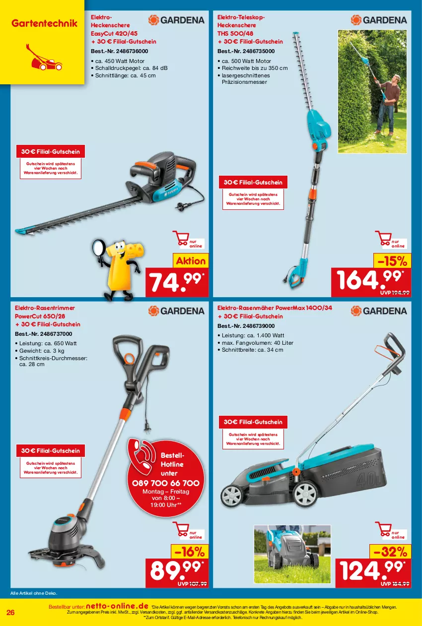 Aktueller Prospekt Netto Marken-Discount - Online-Angebote August - von 01.08 bis 31.08.2023 - strona 26 - produkty: angebot, Brei, eis, Elektro, elektro-rasenmäher, ente, Garten, gutschein, heckenschere, messer, ndk, rasen, rasenmäher, rasentrimmer, reis, Schal, Schere, schnitten, telefon, Teleskop, Ti, uhr, ZTE