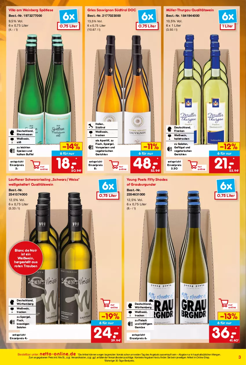 Aktueller Prospekt Netto Marken-Discount - Online-Angebote August - von 01.08 bis 31.08.2023 - strona 3 - produkty: angebot, aperitif, bestpreis, burgunder, eis, fisch, fleisch, Geflügel, grauburgunder, Müller, Müller-Thurgau, ndk, qualitätswein, reis, riesling, salat, salate, sauvignon, schwarzriesling, spargel, Ti, trauben, Vegeta, vorspeise, wein, Weißwein, Yo, ZTE